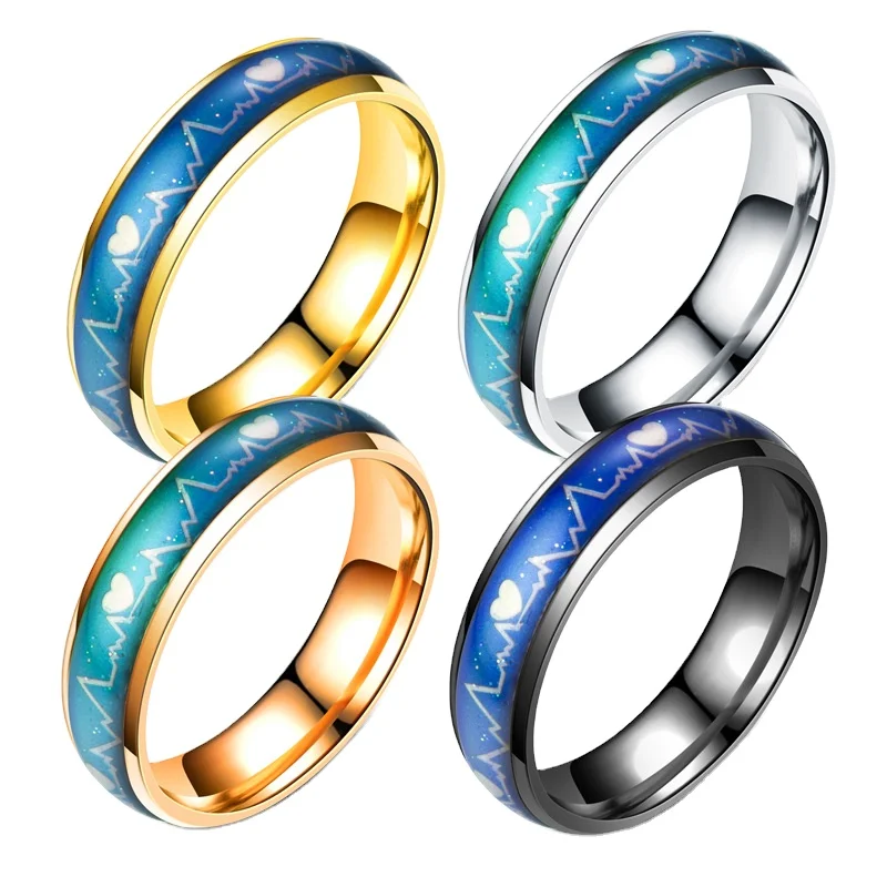 

Hot Sell Couple Fashion Brand Stainless Steel Rings Color Changing Ecg Design Ring Jewelry For Lovers, Gold,silver