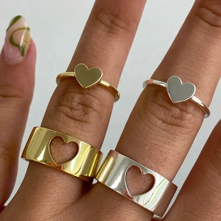 

18K Gold Plated Wedding Promise Couple Ring Romantic Stainless Steel Jewelry Hollow Matching Heart Ring Set, Gold, rose gold, steel, black etc.