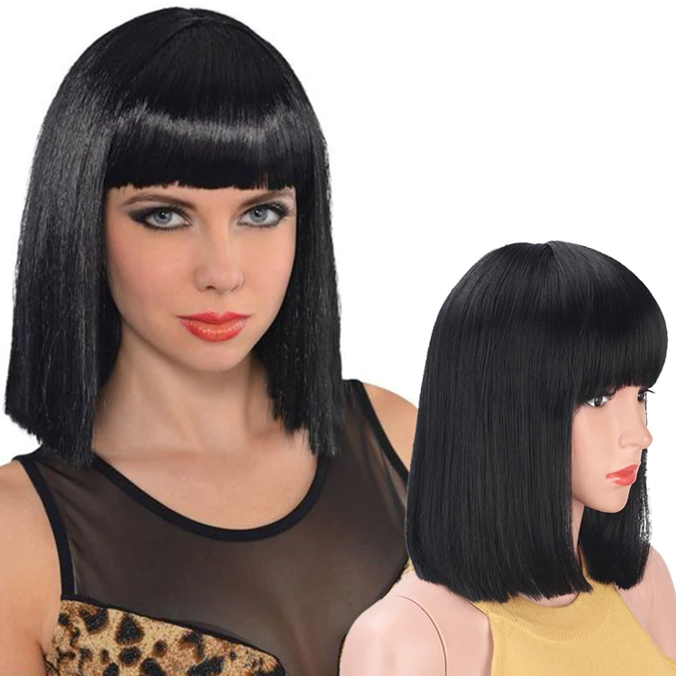 

Vigorous wholesale high quality 14 inch fashion Asian color synthetic short bob straight hair wigs with bangs for women cospaly, Black