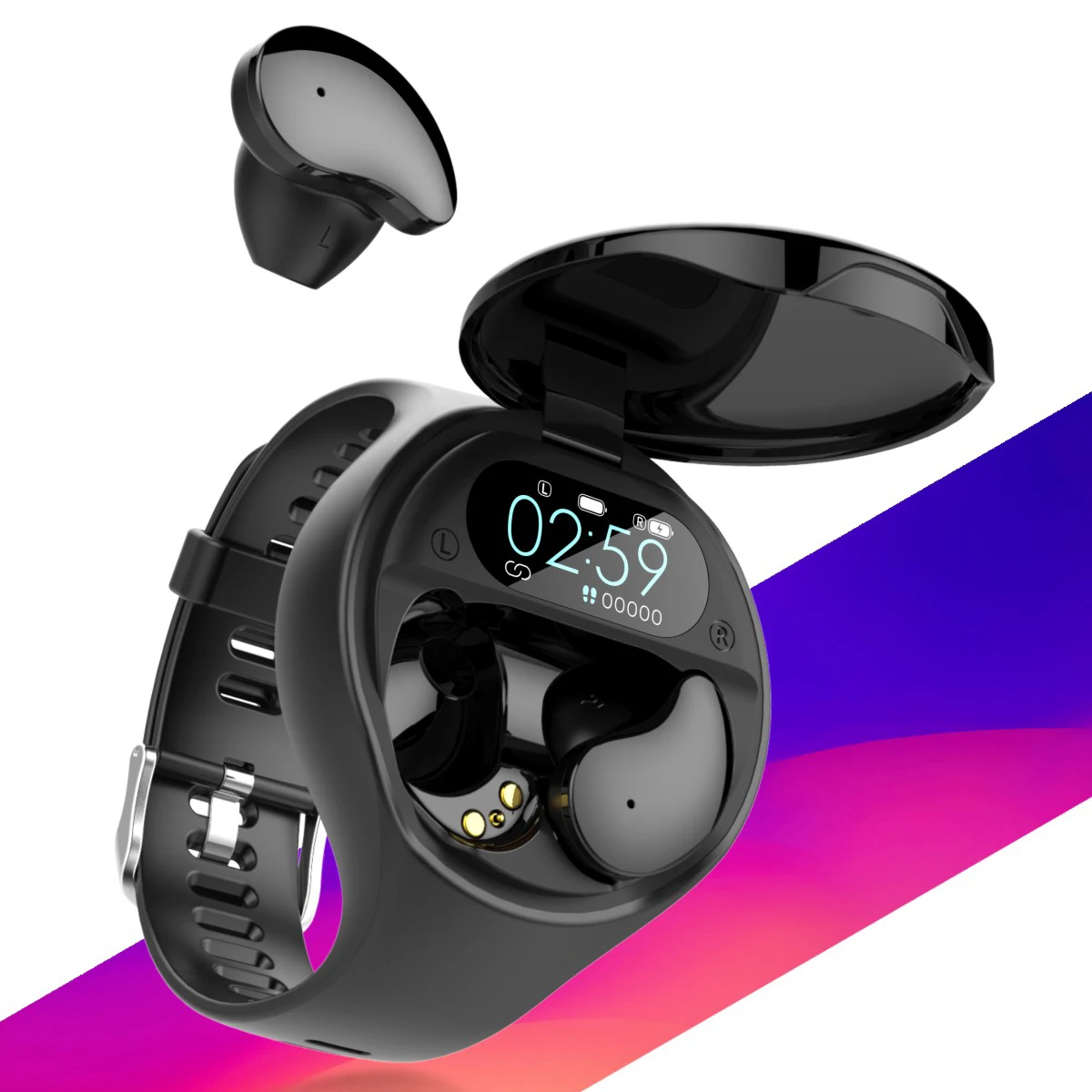 

Airoha smart wearable BT headset true wireless earbuds fitness tracker two in one smart watch, Black