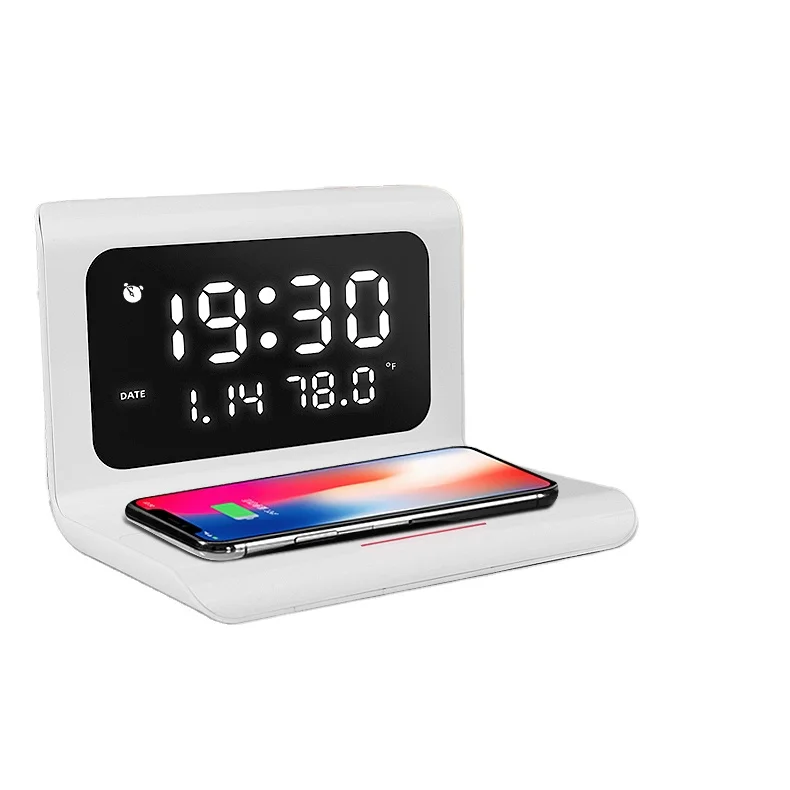 

Hot Selling Desktop LED Screen Alarm Clock Thermometer Qi Wireless Charger Time Display Table Stand Charger, White/black