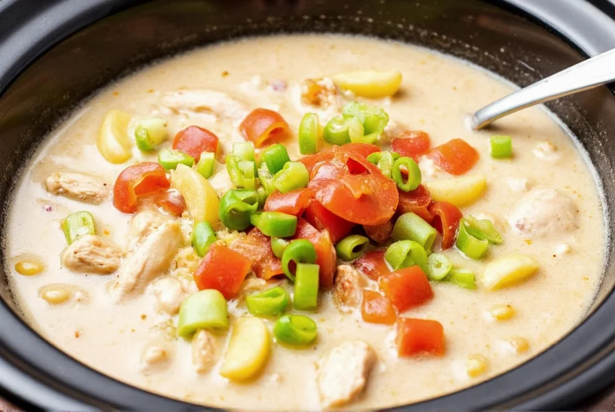 Finished crock pot white chicken chili served in bowl with toppings