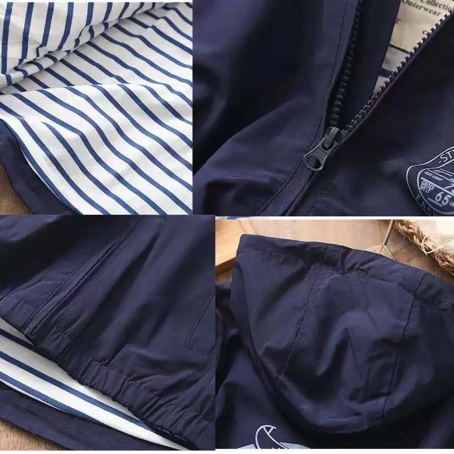 
Custom Size Kids Boys Navy Windproof Striped Spring Coat Zipper Outdoor Light Jackets 