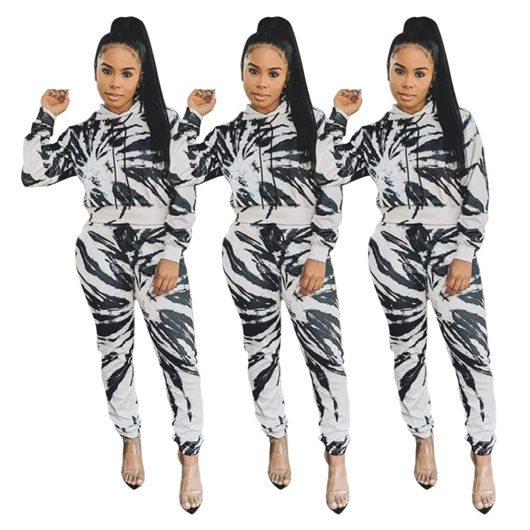 

Casual Long Sleeve Two-piece Set Women Fashion Fall Outfits Slash Neck Tshirts Ink Printing Women's Two Piece Clothing Set