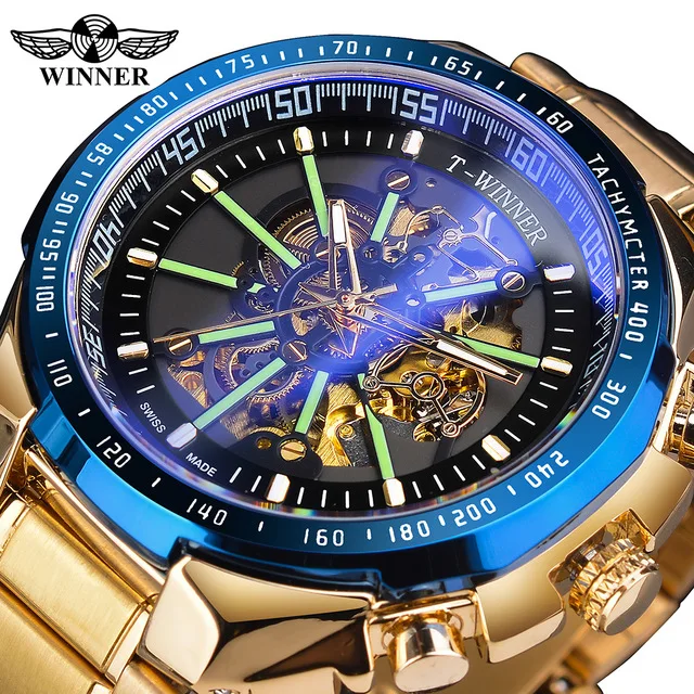 

Winner 2020 New Men Watches Blue Light Glass Fashion Golden Stainless Steel Waterproof Sport Automatic Watch Luminous Clock, 5-colors