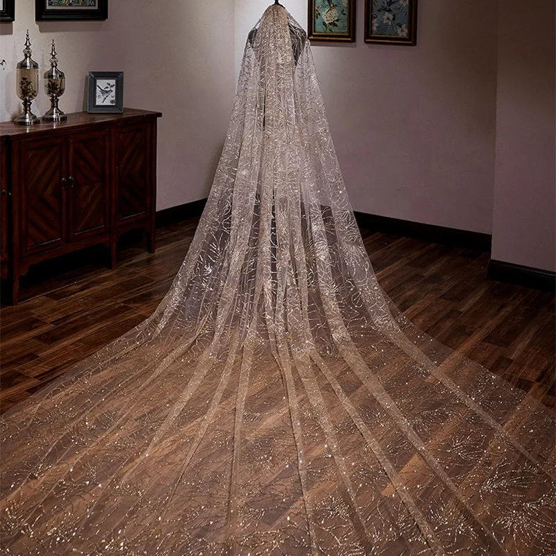 

Shenglan Single Layer Wedding Veil Champagne Bridal Veil Lace BlingBling Lace Edge Bride Cathedral Wedding Dress