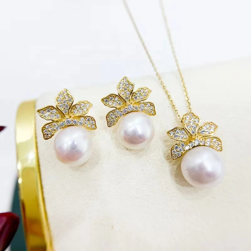 

106S 10-11mm Real Natural Freshwater Pearl 925 Sterling Silver with Gold Plated pendant earring set style for gift