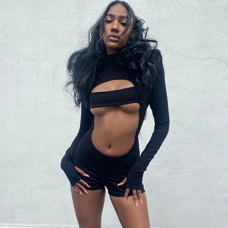 

Fashion Sexy Style Women Black Crop Top Romper Jumpsuit Shorts Long Sleeve For Woman