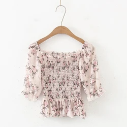 

New Floral Printed Chiffon Crop Tops Women Summer Spring Slim Shirt Half Puff Sleeve Blouses Retro, 2 colour