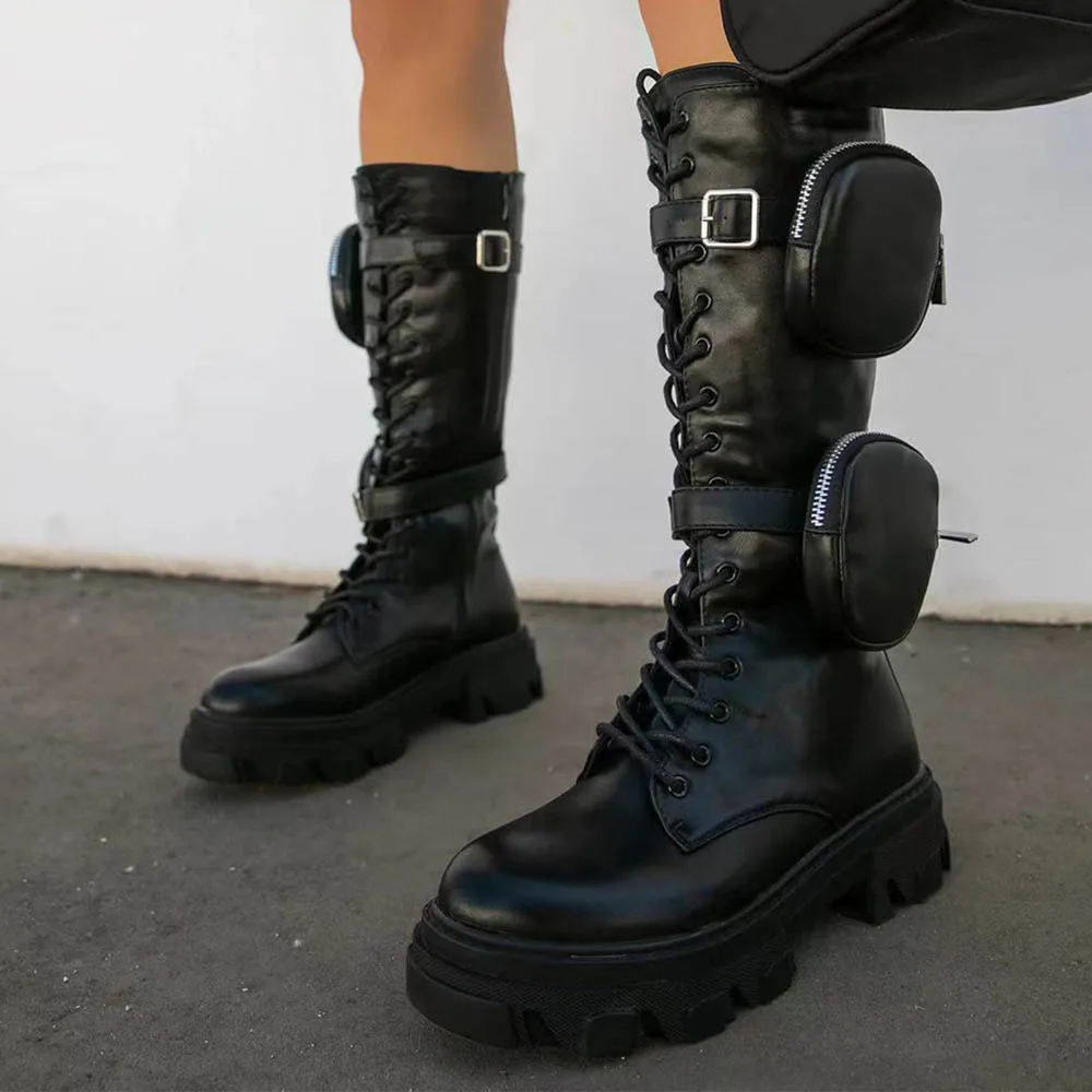 

2021 Woman Shoes Double Small Bag Sexy Chunky Boots Fashion Pocket Platform Female Motorcycle High Boots Pouch Plus Size 42