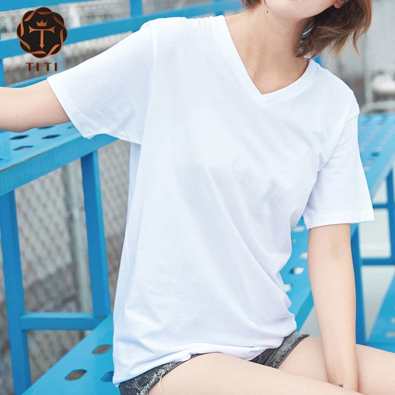 TITI TITI Unisex Summer Casual V Neck T Shirt Solid Color Plain Short Sleeve 250 GSM Heavy Cotton Black and White"