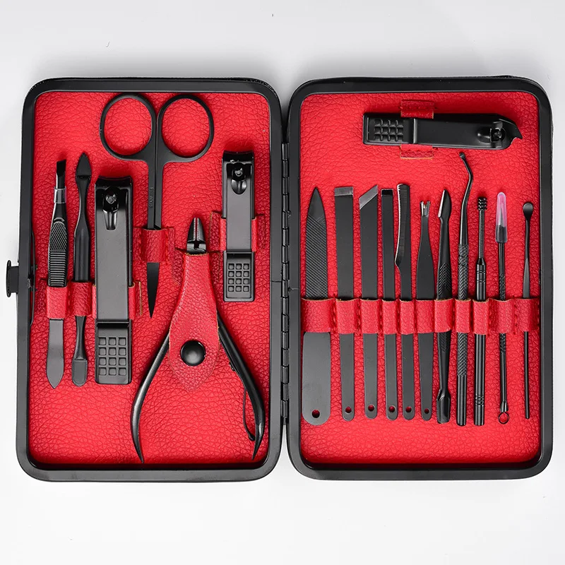 

FREE SHIPPING Black Leather Travel Case Grooming Kit 18 In 1 Stainless Steel Pedicure Kit Nail Scissors Manicure Set, Red, yellow