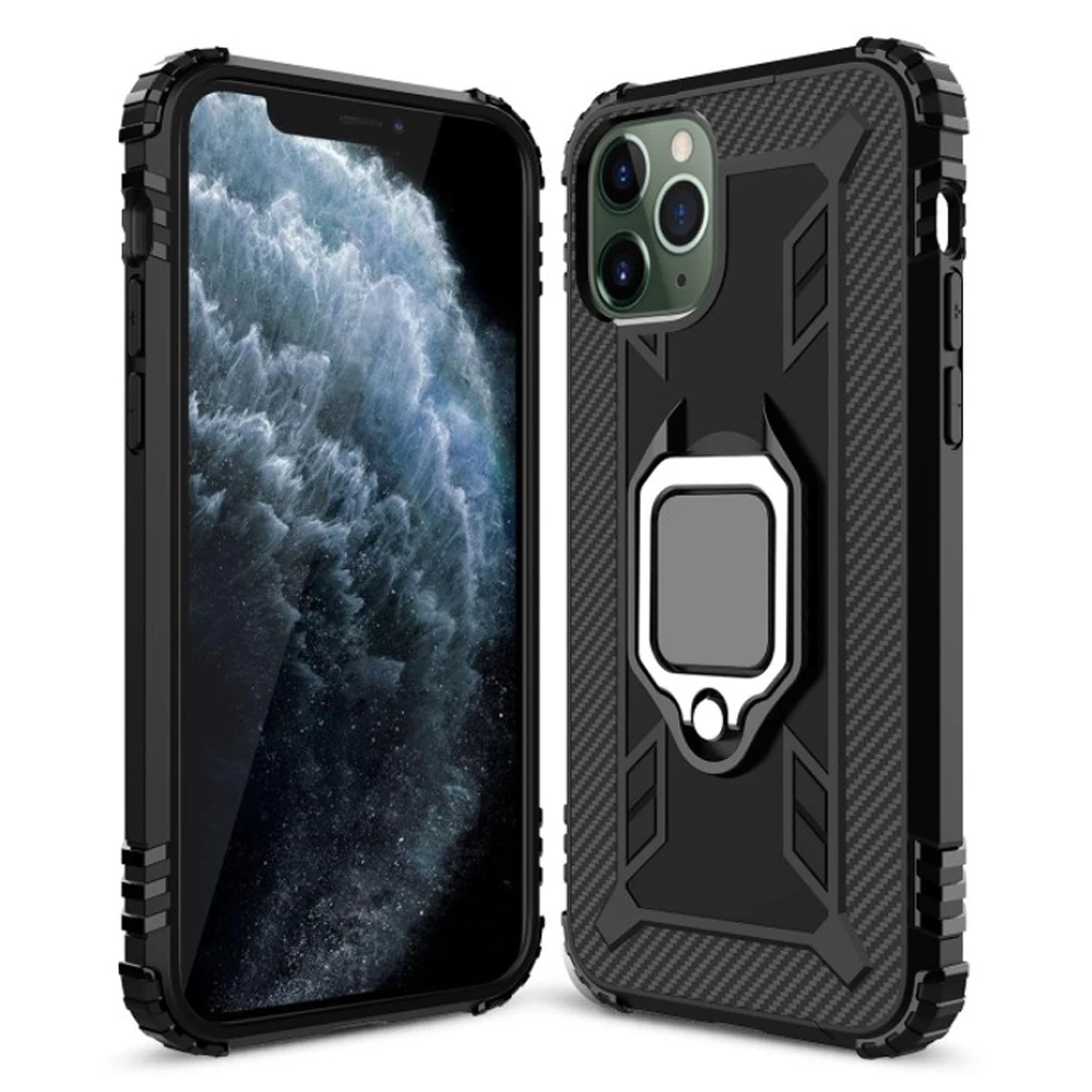 

Carbon Fiber Ring Holder Kickstand Shockproof Car Phone Cases for iPhone 11 Pro Max, Black