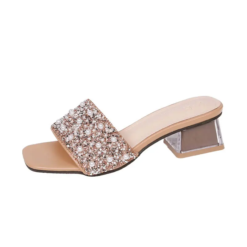 

2023 Summer New Rhinestone Bow Crystal Women Heel Sandals Square Heel Anti-Slip Slip-on Slippers Heel Sandals