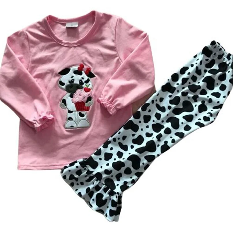 

Children high quality embroidery kids clothes cute cow print clothes set
