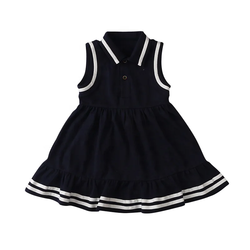 

100% Cotton Striped Kids Baby Girls Princess Frock Fairy dress sleeveless Turn-Down Collar Polo Dresses, Black