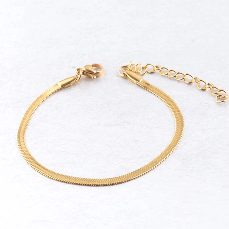 

Minimalist Fashion 18k Gold Plated Stainless Steel Flat Herringbone Snake Chain Bracelet for Women, Gold,rose gold, steel and black