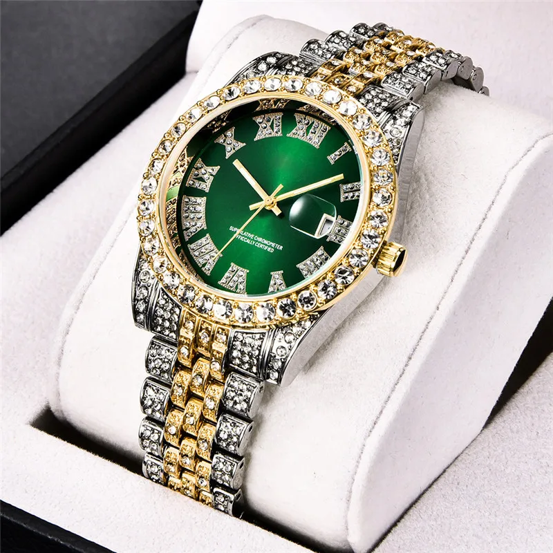 

Hot Selling Hiphop Green Dial Crystal Rhinestone Quartz Watches Bling Colorful Dial Iced Cubic Zircon Quartz Watches