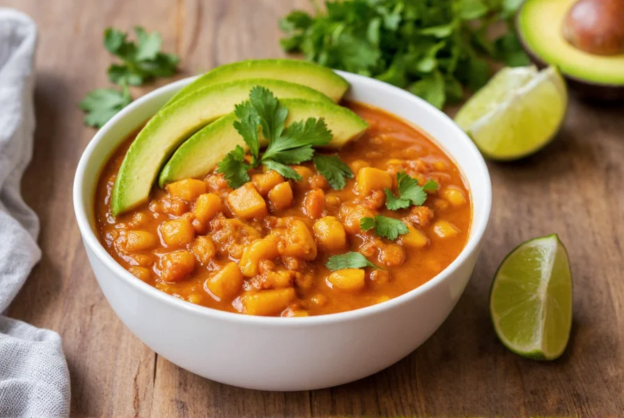 Bowl of vibrant orange butternut squash chili served with avocado slices, cilantro, and lime wedges on a wooden table