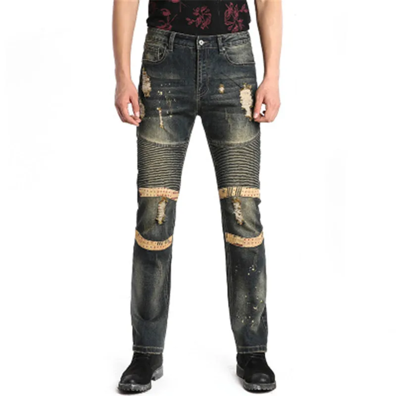 

Men's motorcycle pants Hole Straight European and American street Retro style denim trousers, Customized color
