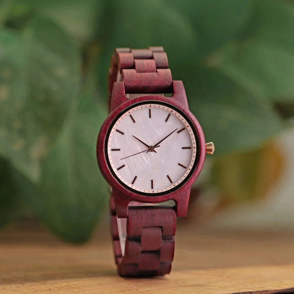 

Purple Wooden Bracelet Women Watch Wrist Handmade Pink Elegant Shell Dial Luxuries Reloj Mujer