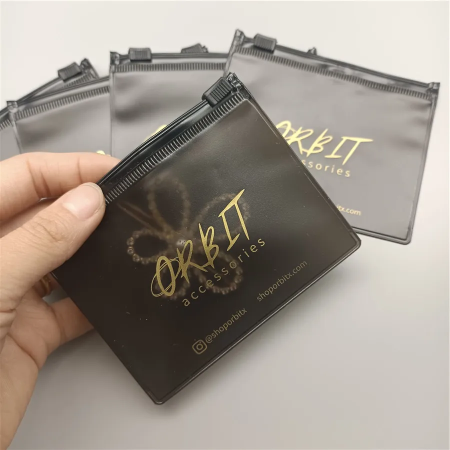 

Small mini frosted black pvc plastic ziplock pouch with gold foil logo for accessories rings jewelry packaging zipper bag