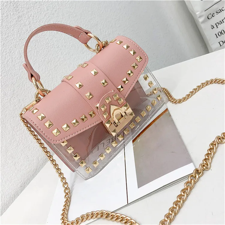 

PDEP new design popular women brand handbag pink gold rivet transparent women hand bags ladies clear bags women handbags, White,yellow,blue,black,pink