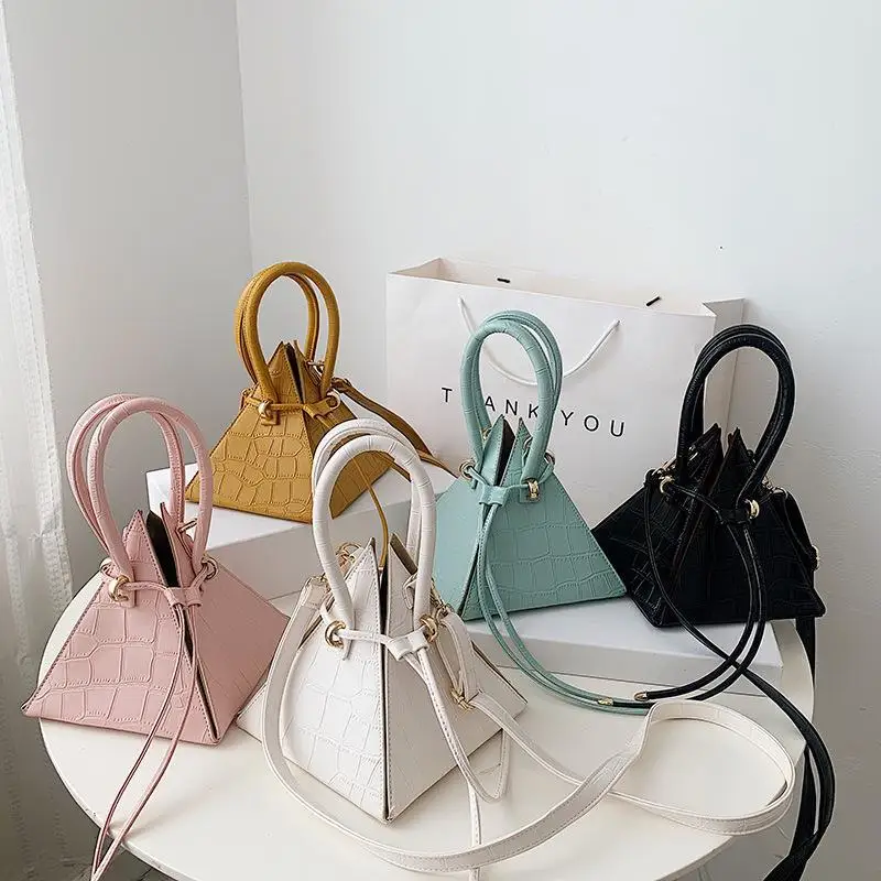 

Trendy Stone PU Unique Triangle Ladies Purses Drawstring Cross body Small French Style Bags Handbag, Customized color