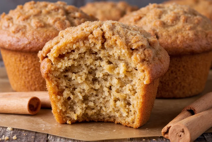 Close-up of golden brown cinnamon muffins with visible crumb structure and generous streusel topping on a rustic wooden table