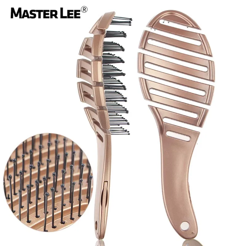 

Masterlee custom logo gold color Curved vent nylon scalp massage hair brushes