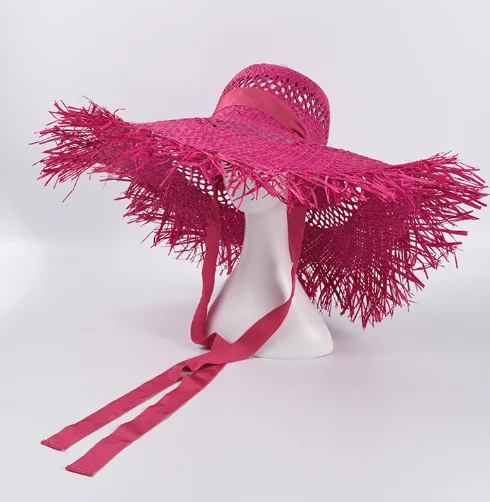 

Wholesale Low Moq Fashion Holiday Beach Wide Brim Colorful Raw-edge Hollow Raffia Women Summer Straw Hat