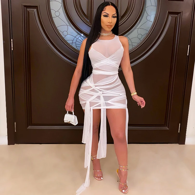 

2021 Solid Gauze Sleeveless Mini Dress Quality Woman Summer Bodycon Apparel Lady Plus Size See Through Dress Night Sexy -YS