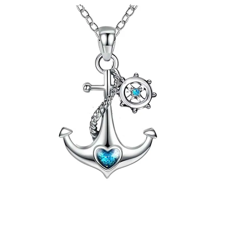 

Fashion Design High Quality Sapphire Anchor Shape Double Pendant Sterling Silver Jewelry Necklace Men Women