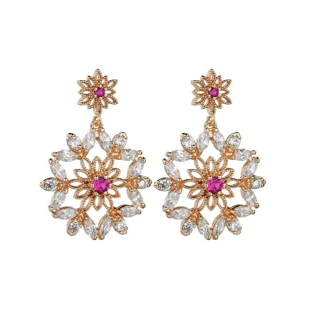 

High Quality Zircon Jewelry Plated 18K Gold Flower Bohemia Earring, White, gold