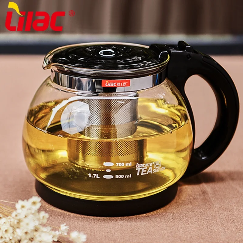 

Lilac BSCI SGS LFGB 1700ml 304 stainless steel infuser and one handed glass coffee tea pot with filter