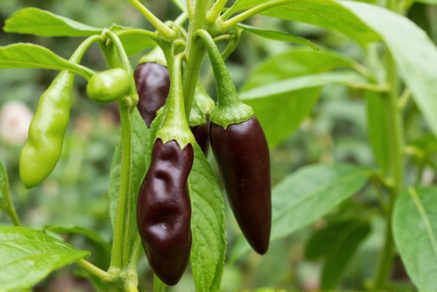Close-up view of chocolate pepper plants showing dark brown mature pods alongside green immature ones in a garden setting