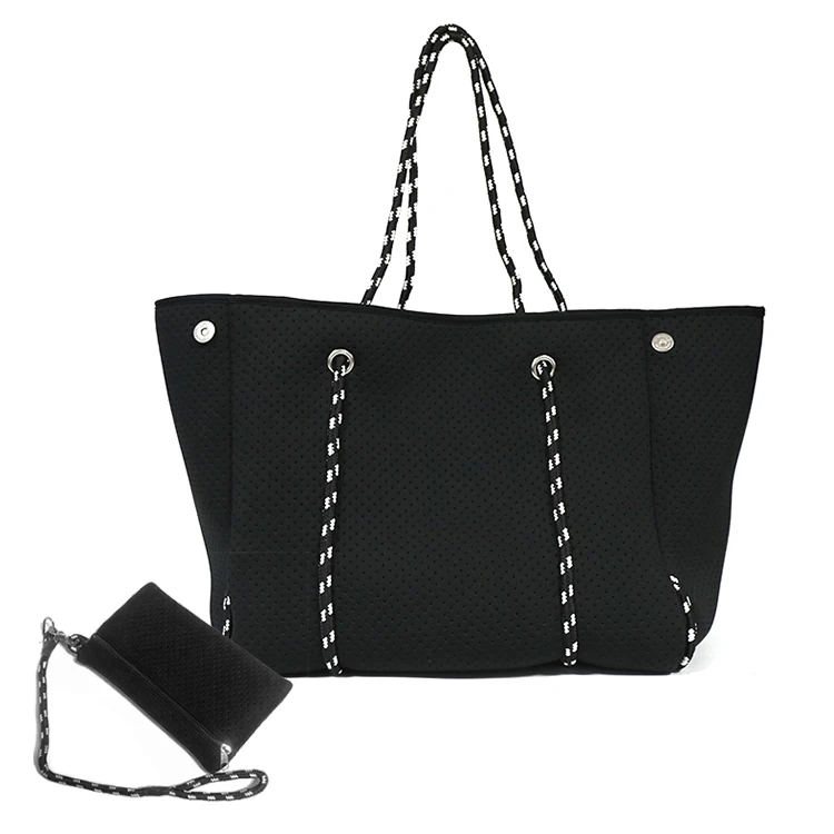 

2022 low piece Neoprene Handbag Tote Shopping Bag Black Hollow Out Perforated Woman Neoprene Beach Bag Set With Small Wallet