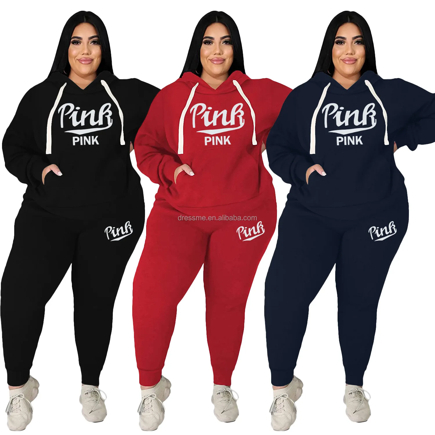 

MT78-77328 Hot sale pink letter printing women's casual long-sleeve sports suit two-piece trousers plus size women's clothing