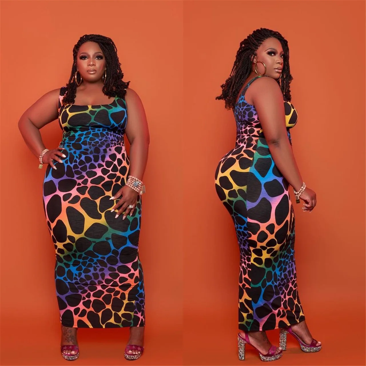 

New Arrive Plus Size Women Clothing Spring Fall Plus Size Leopard Printed Maxi Dress