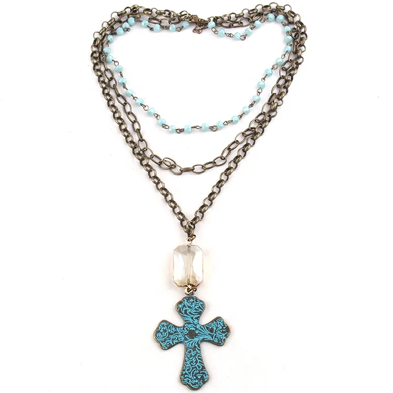 

Fashion Women Bronze Link Chain Three Layer Crystal Glass Beads Rosary Chain Necklace Bronze Cross Pendant Choker Necklace