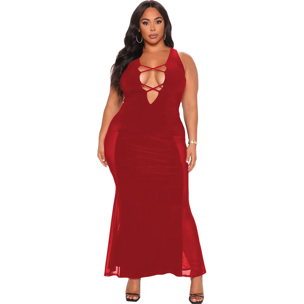 

GX127Q Fashion Club Outfits Plus size Dress Mesh stitching solid color Vacation Summer Clothes casual Women Dress, Picture