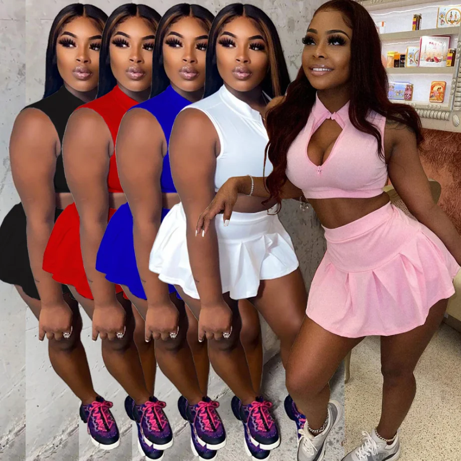 

2022 Summer Two Pieces Shorts Sets Skinny Sleeveless Hollow Out Tank Top Tennis Skirt Fashion Solid Women 2 Piece Set Clothing, Picture color