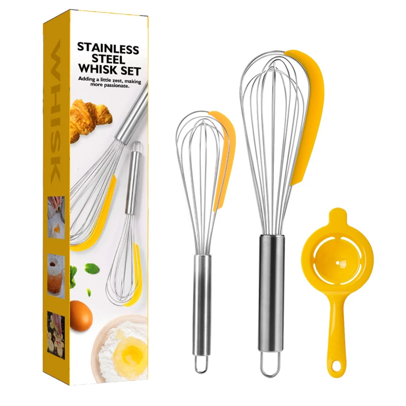 

2pcs Whisk Egg Beater Set with Egg Yolk White Separator Stainless Steel Integrated Bowl Scraper Whisk with Silicone Scraper, Yellow