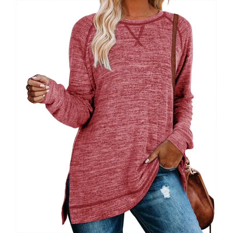

Wholesale Fashion Women Long Sleeve Solid Side split round-neck Top