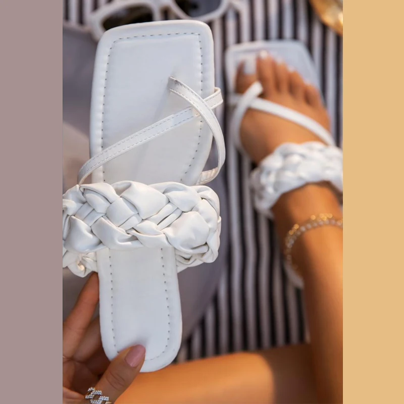 

women Rattan Weave Bow flatform slippers female summer 2021 new fashion soild colors simple beach sandals