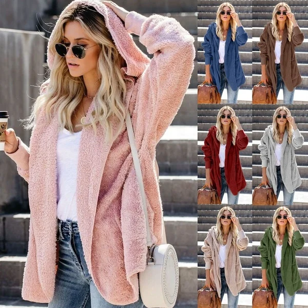 

Custom 2021 Winter Hooded Coats Warm Long Cardigans Plus Size Fleece Fluffy Faux Fur Coat For Woman Trendy