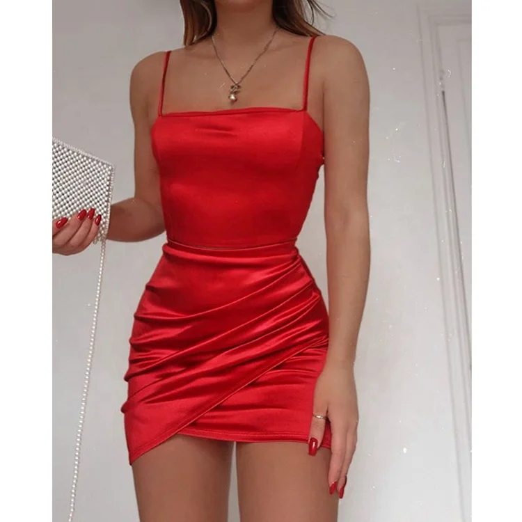 

MOQ 1PC Glossy Solid Ruched Mini Red Satin Dress 2020 New Design Womens
