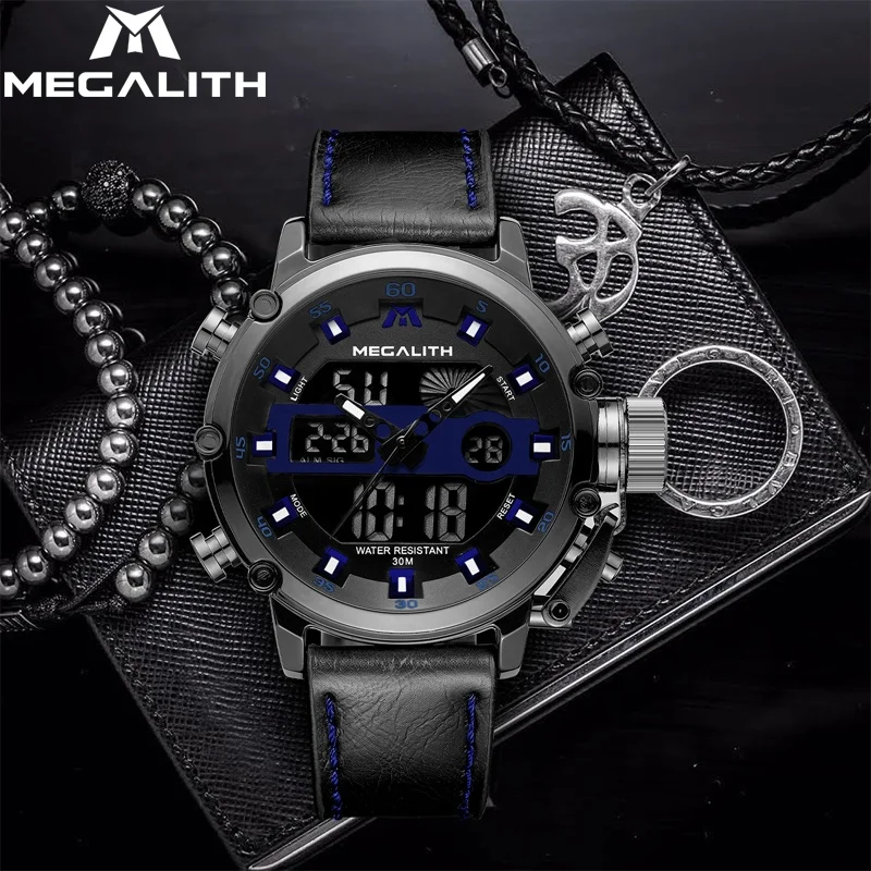 

MEGALITH Men Dual Display Analog Digital LED Electronic Watches Fashion Sports Quartz Wristwatches Waterproof Military Watch Men