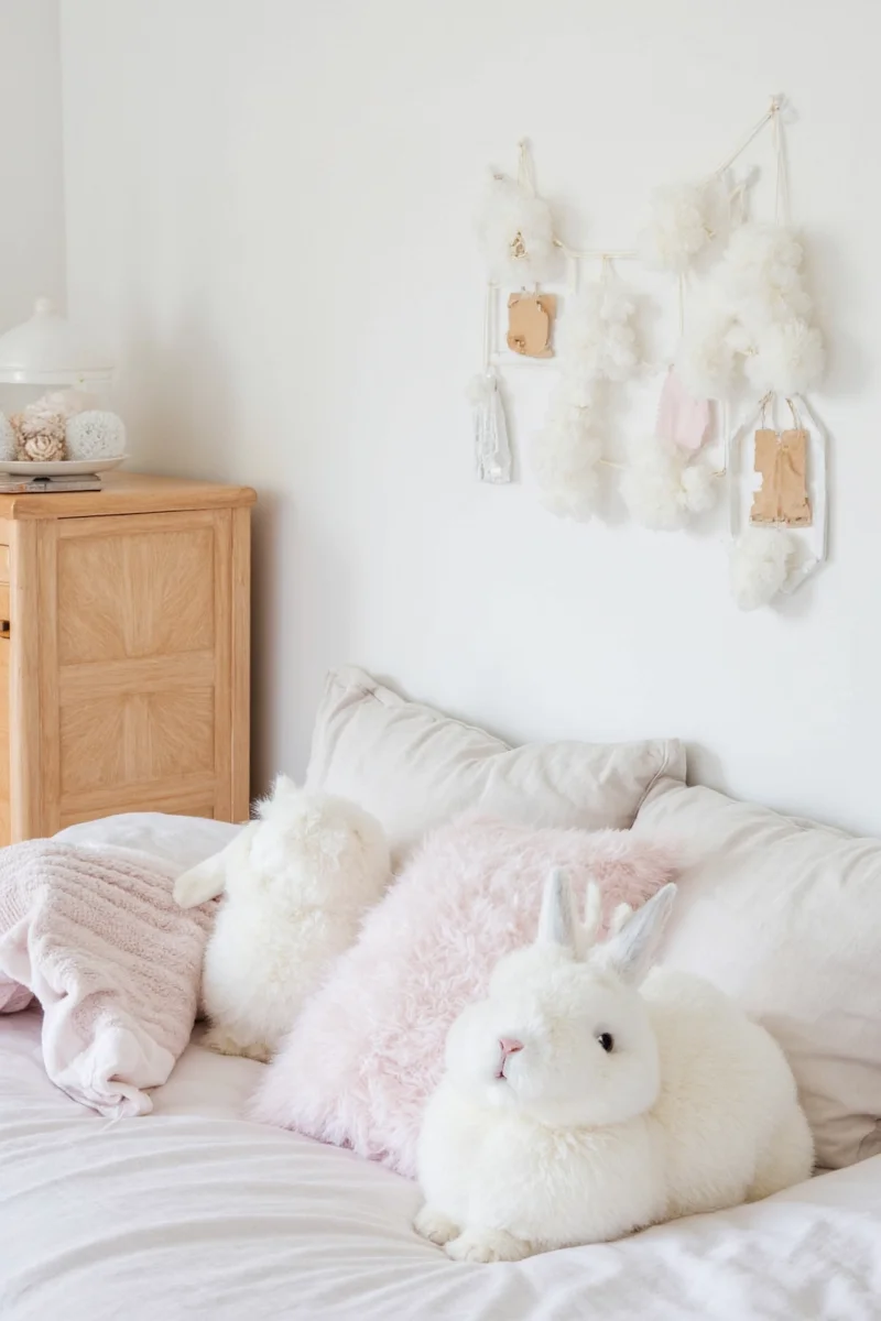 A nursery with a whimsical wallpaper depicting rabbits playing in a forest