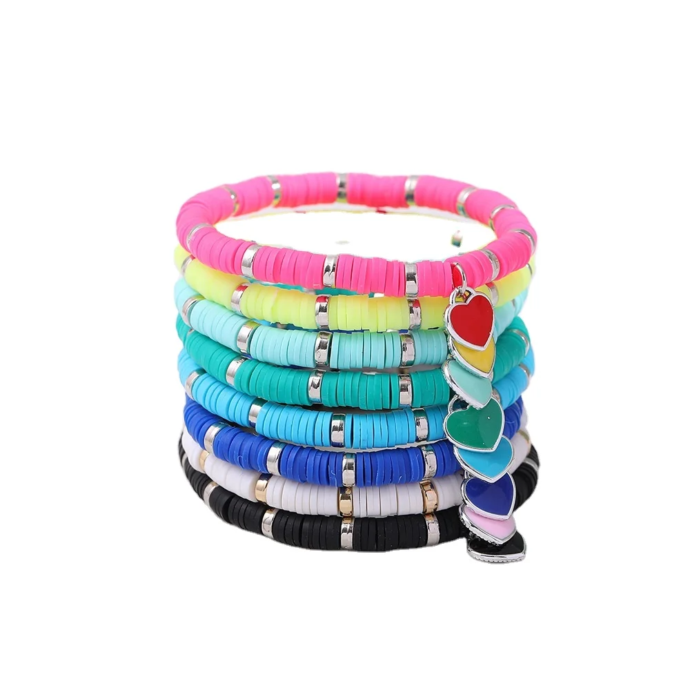

MOJO Love Pendant Soft Clay Bracelet 6MM Colorful Elastic Rope Bracelet Women Bbeaded Bracelet, Various